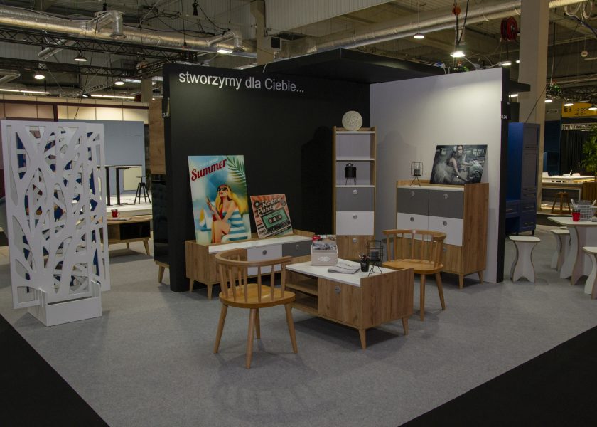 The photo shows an exposition of furniture during the furniture fair in Warsaw.