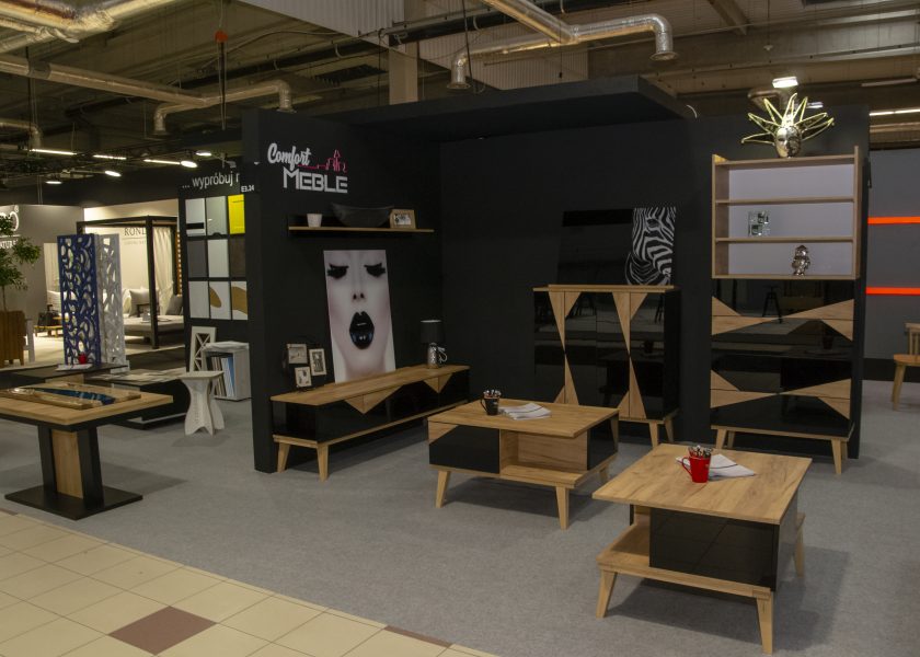 The photo shows an exposition of furniture during the furniture fair in Warsaw.