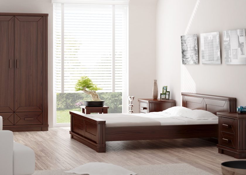 Bedroom presenting furniture from the Barys collection, we can see a large wardrobe, bed, and two bedside tables.
