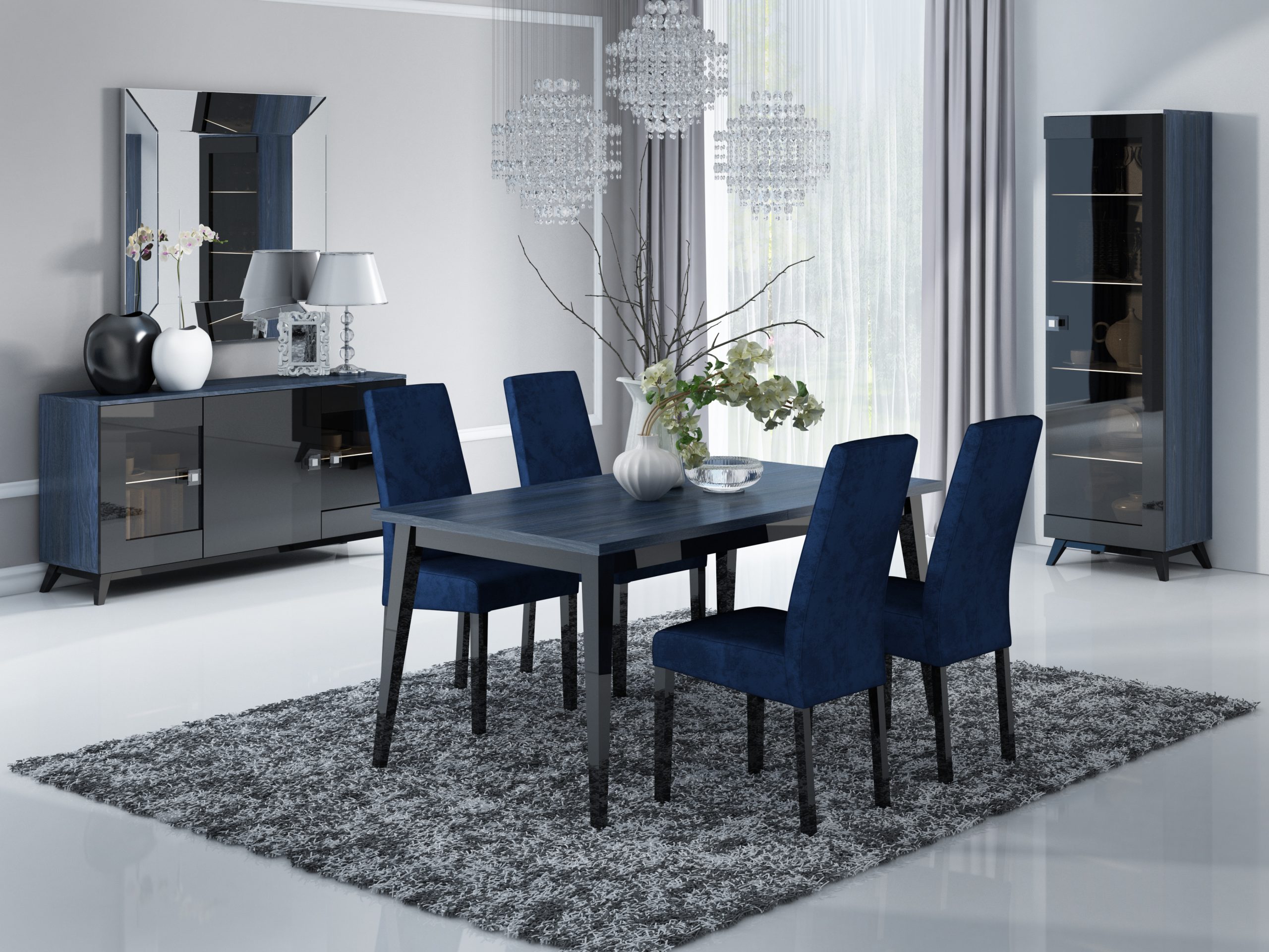 The visualisation shows a modern living room, modern furniture in blue colouring with black legs, a chest of drawers and a showcase enriched with black glass.