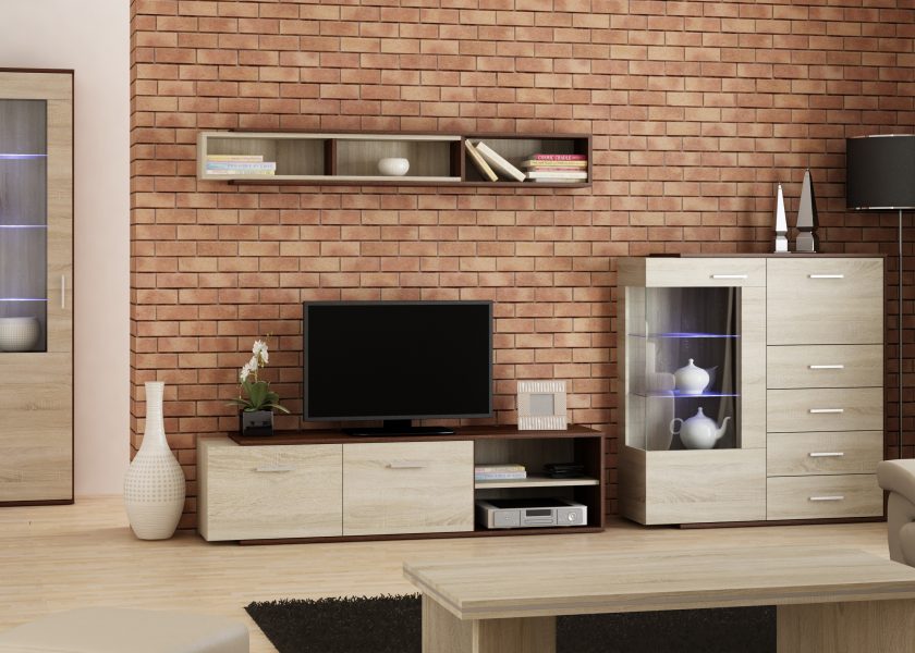 Modern living room, glazed pillar, chest of drawers, rtv cabinet and a hanging shelf. Furniture made of light board - Modern collection.