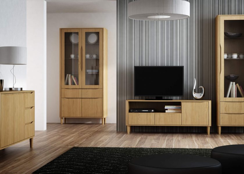 The visualisation presents a modern living room furnished with furniture from the Porto collection, the collection includes a chest of drawers, a display cabinet, a rtv cabinet and a high pedestal, the furniture stands on low legs.