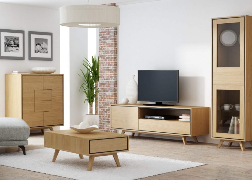 Visualization shows a modern living room furnished with furniture from the Rio collection, the collection includes a coffee table, chest of drawers, cabinet and rtv cabinet, the furniture are on slanted geometric legs. The furniture is made of light-coloured board, finished with black slats.
