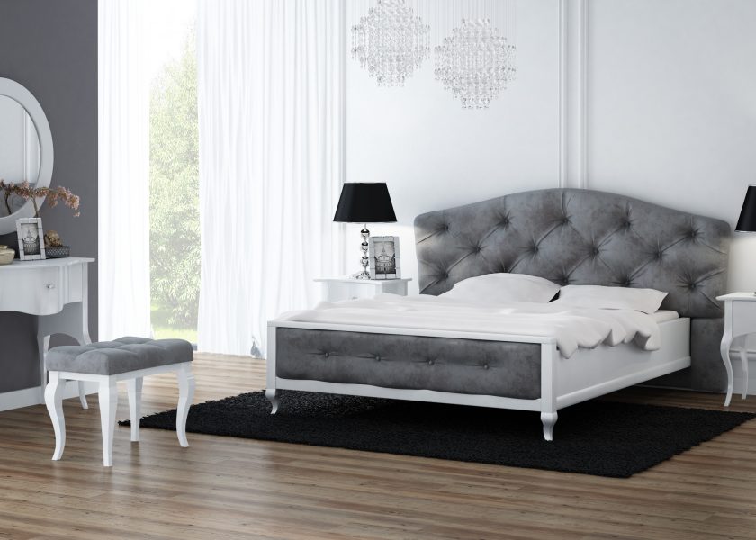 Visualization shows a bedroom, stylish decorative furniture, console with mirror, pouffe and bed have grey quilted upholstery. On both sides of the bed there are bedside tables with lamps.