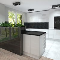 Visualisation of a kitchen, open to the living room. The kitchen is made of white lacquered board with black fronts. Built-in fridge, oven and microwave placed in a pillar.