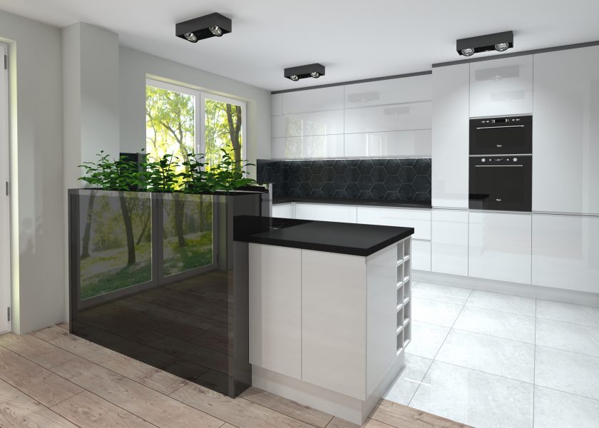 Visualisation of a kitchen, open to the living room. The kitchen is made of white lacquered board with black fronts. Built-in fridge, oven and microwave placed in a pillar.
