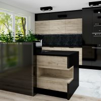 Visualisation of a kitchen, open to the living room. The kitchen is made of black lacquered board with wooden fronts. Built-in fridge, oven and microwave placed in a pillar.