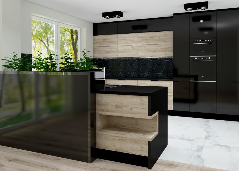 Visualisation of a kitchen, open to the living room. The kitchen is made of black lacquered board with wooden fronts. Built-in fridge, oven and microwave placed in a pillar.
