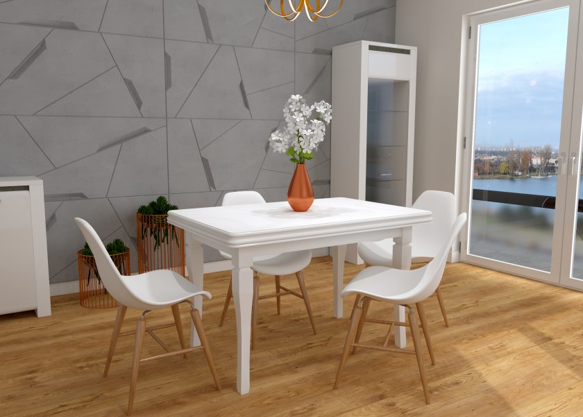 Wizualizacja salonu przedstawiająca biały stół z kompletem czterech krzeseł o plastikowym oparciu z nogami drewnopodobnymi. Na ścianie imitującej beton umieszczona zostałą witrynka oraz komoda.