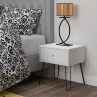 Visualisation of a bedside cabinet, the cabinet is made of white board with light fuse legs, a bedside lamp stands on the cabinet.