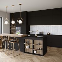 Modern black kitchen open to the living room, built to the ceiling. In the foreground we see an island with hockers, cabinets that open by touch.