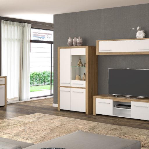 Visualisation of a living room, showing the collection of Nems furniture. On the left there is a chest of drawers, on the right a display cabinet, a rtv cabinet, a TV set, above it a hanging cabinet, next to it a pillar with a glass case. The furniture is made of white board with a wooden band.