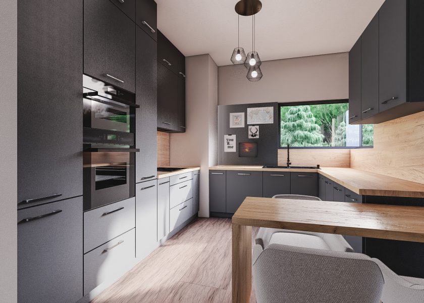 Visualisation of a modern kitchen. Anthracite-coloured fronts, oven and microwave placed in a pillar. Half table with hockers.