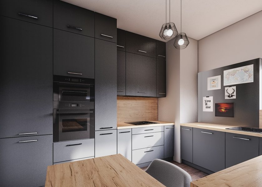 Visualisation of a modern kitchen. Anthracite-coloured fronts, oven and microwave placed in a pillar. Half table with hockers.