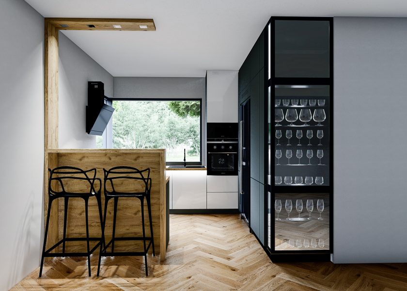Visualisation of a modern kitchen, open to the living room. We can see a glass display cabinet with glasses, a peninsula along with hacking.