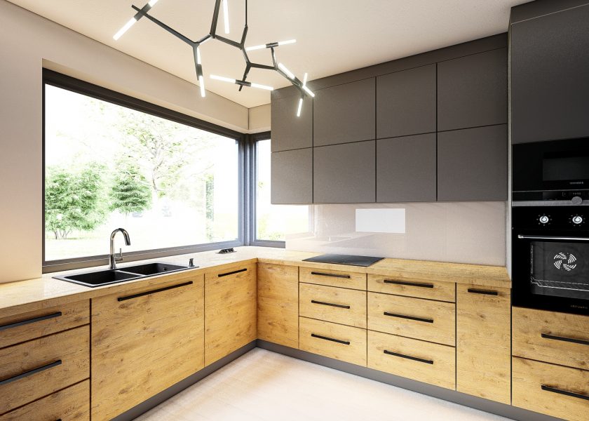 Kitchen visualisation. Kitchen open to the living room, with a large window near the sink. Oven and microwave placed in a pillar, lower cabinets in wood colour, upper cabinets in anthracite colour.