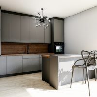 Visualisation of a modern kitchen, open to the living room. We can see a peninsula together with hacking, a high post with a built-in fridge. The kitchen is in grey with a delicate accent of wood.