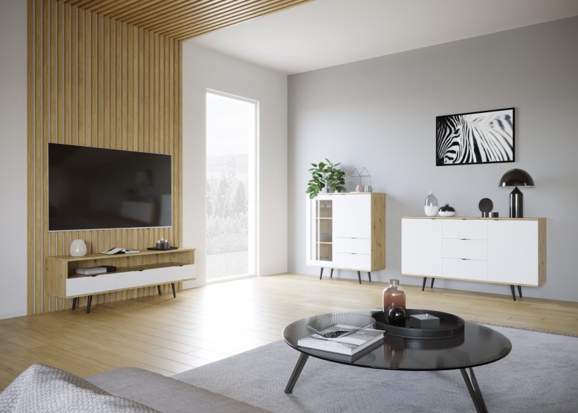 Visualisation of a living room, modern interior, on the left side there is a wall decorated with lamellas, on it hangs a TV set, under it there is a rtv cabinet. In the middle of the room we can see a carpet with a coffee table, on the wall there is a chest of drawers and a glass showcase.