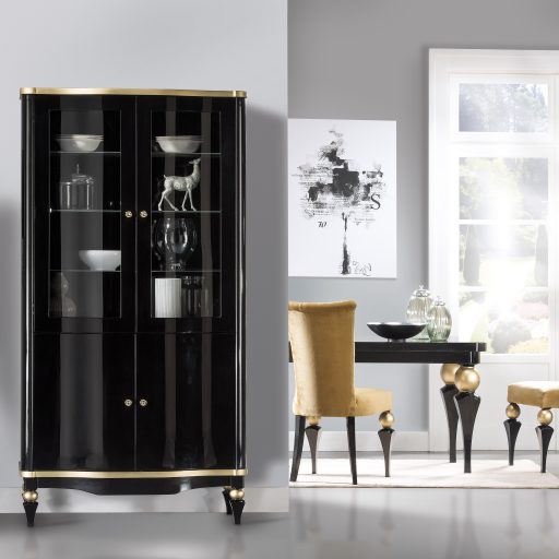 Sphere furniture collection, stylised black display cabinet, black elegant table with decorated legs, richly decorated chairs.