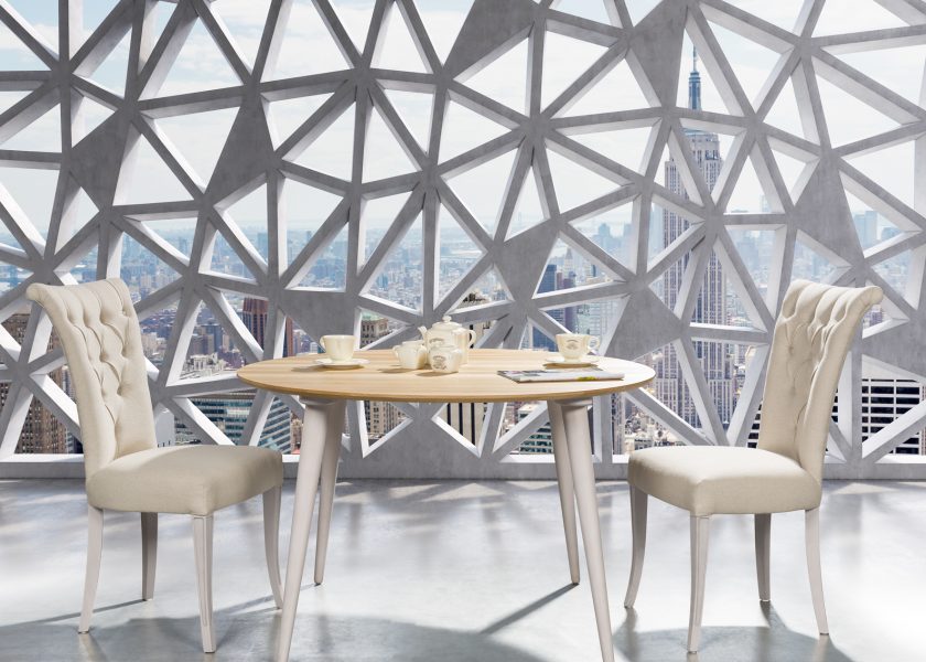 The visualisation shows the Spindle table, round table, wooden top, light wood legs, and 2 upholstered chairs.