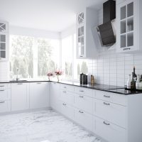 Visualisation of a modern kitchen. Lower cabinets open with a handle, the upper ones have decorative glazing.