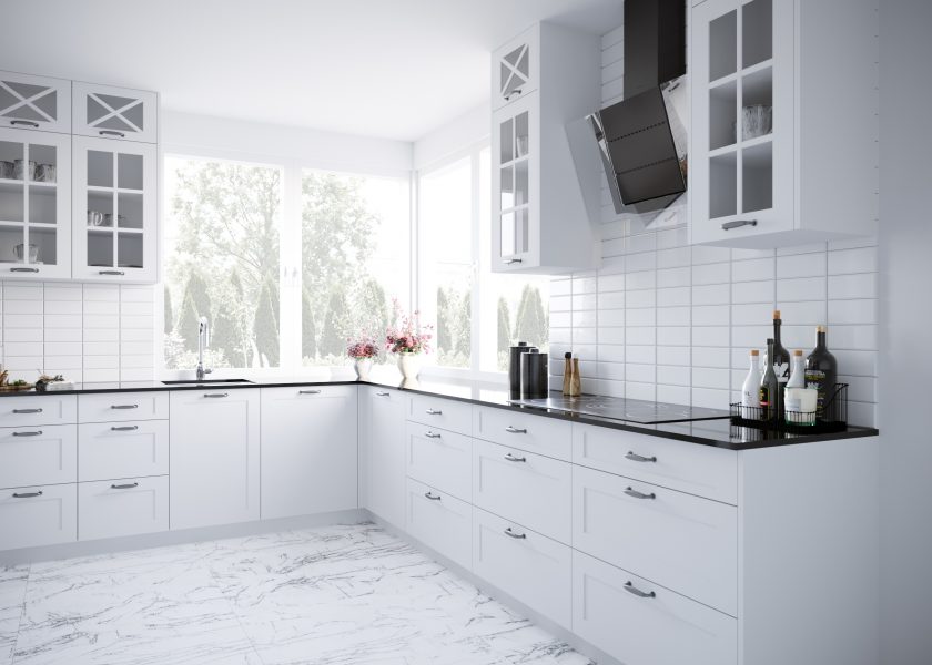 Visualisation of a modern kitchen. Lower cabinets open with a handle, the upper ones have decorative glazing.