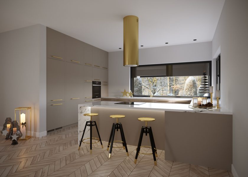 Visualisation of a modern kitchen, modern cabinetry in cream colour. In the foreground we can see a peninsula with hockers. On the left there is a compact built-in unit with built-in fridge and oven. Cabinets opened with a golden handle