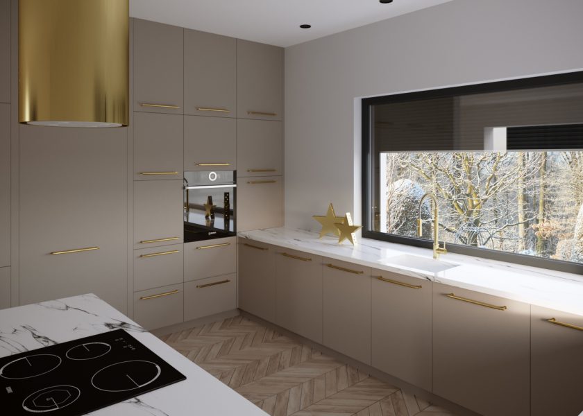 Visualisation of a modern kitchen, modern fitted kitchen in cream colour. On the left side compact built-in with built-in fridge and oven. Cabinets opening with golden handle.