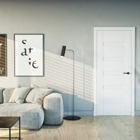 The photo shows a visualisation of the interior of a flat with white doors, which are an offer from Novesto.