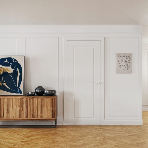 Zdjęcie przedstawia wizualizację wnętrza mieszkania, na której ukazane są białe drzwi - stanowiące ofertę firmy Novesto, oraz drewniana komoda.