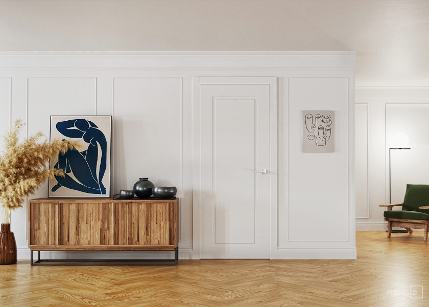 The photo shows a visualisation of the interior of a flat, where white doors, offered by Novesto, and a wooden chest of drawers are shown.