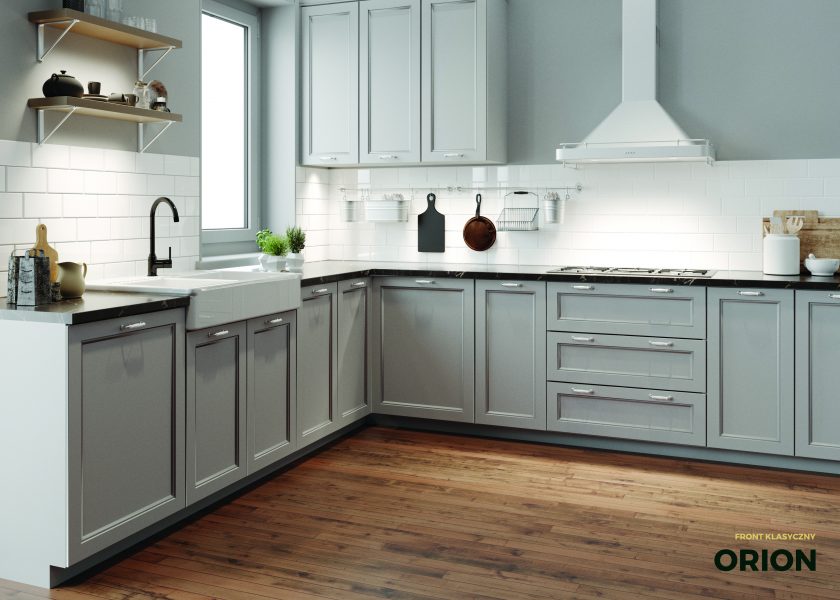 The photo shows a visualisation of a grey kitchen. The visualisation shows a grey front orion frot - which is an offer from Novesto.