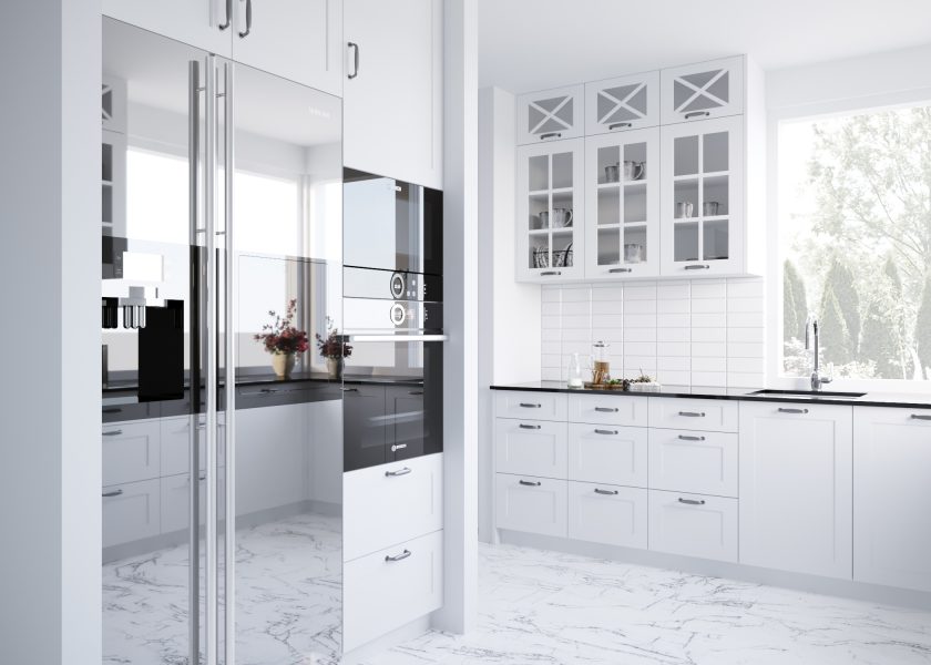 Visualisation of a modern kitchen. On the left side - a fridge with glass fronts, a pillar with a microwave and an oven. Lower cabinets open with a handle, the upper ones have decorative glazing.