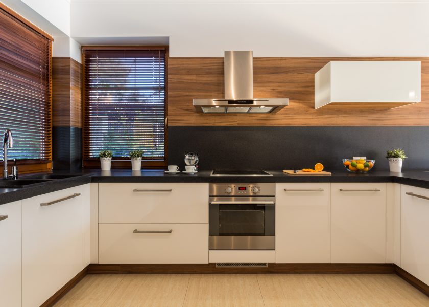 Modern furniture in luxury kitchen. Horizontal view of modern furniture in luxury kitchen