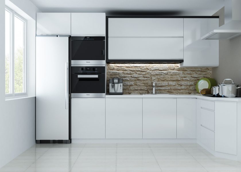 Kitchen visualisation. White kitchen made with lacquered fronts, touch-opening cabinets, built-in fridge, oven and microwave placed in a pillar, free-hanging hood.